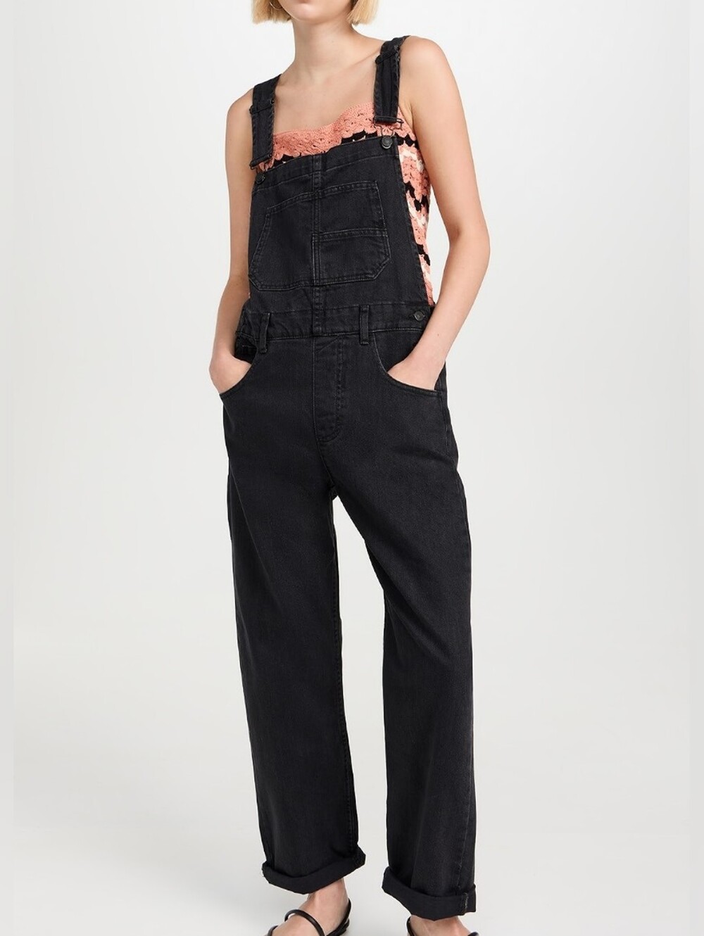 Free People We The Free Ziggy Black Denim Slouchy Overalls Size L